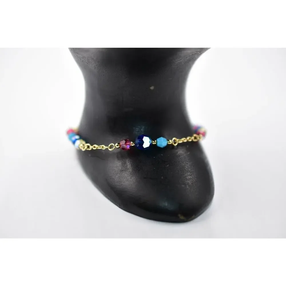 Swarovski Crystal Beaded Bracelet AB Blue Pink Gold Tone Chain Swan Signed Bin7
